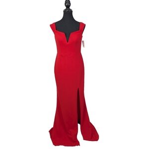 DB Studio Red V-Notch Off the Shoulder Maxi Gown with High Slit - Size 8